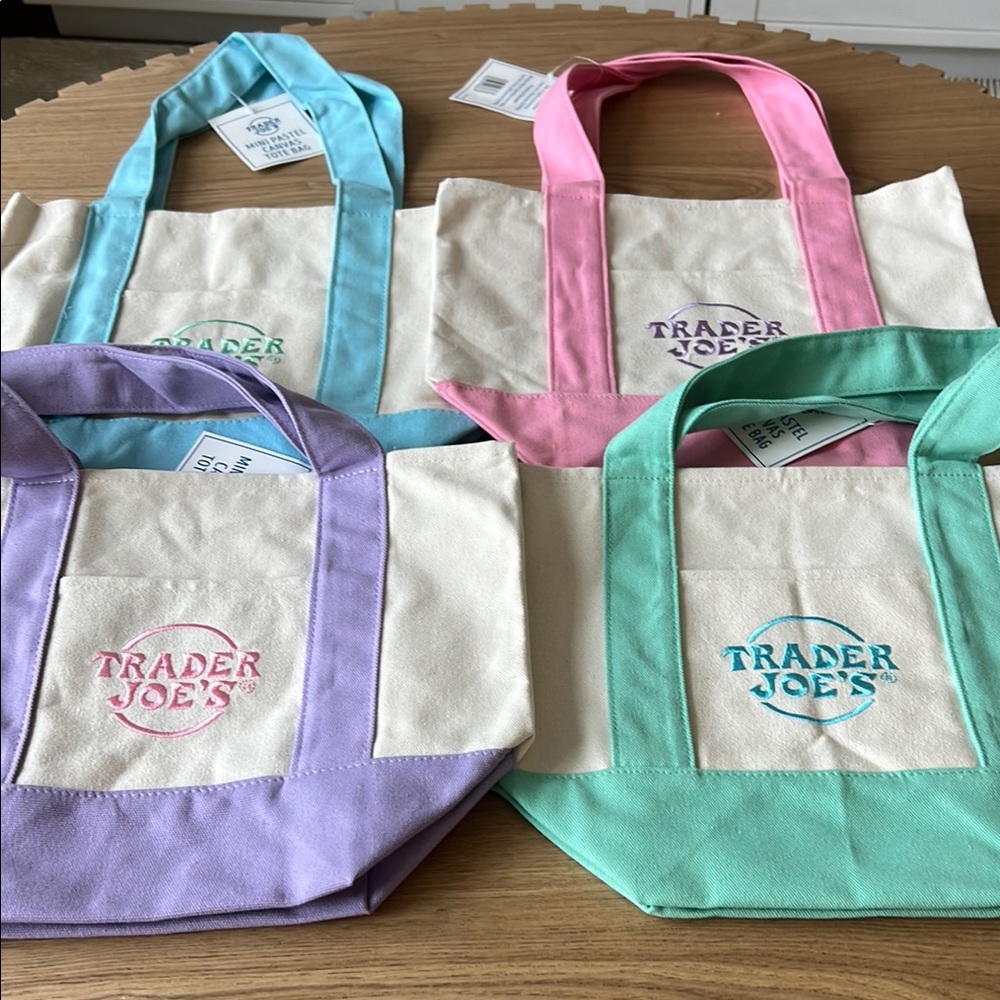 SET OF 4- Trader Joe’s Mini Canvas Tote Bag - Pink, Blue, Purple, Green